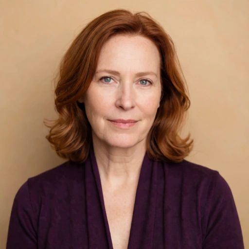 Generated portrait of an adult with shoulder-length auburn hair and a plum cardigan beside a bright window