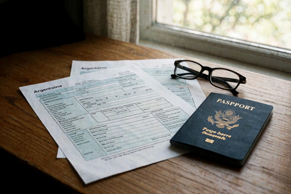 The ARCA website on a laptop beside Argentine tax documents and a US passport in Buenos Aires