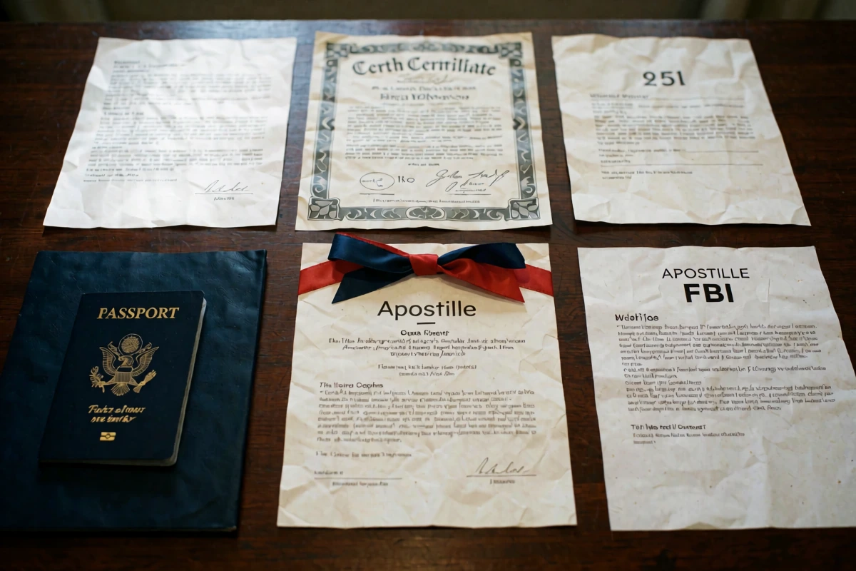 American passport and document folders beside a Spanish translation on a desk in Buenos Aires