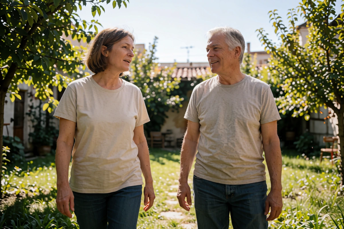 Two adults in grey and navy shirts walk along a path amid trees and low buildings