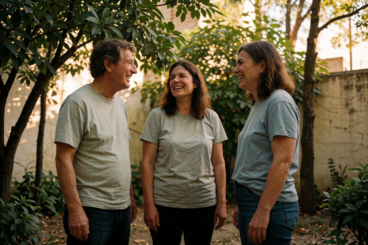 Three people in plain shirts talk in a tree-shaded courtyard outside a home