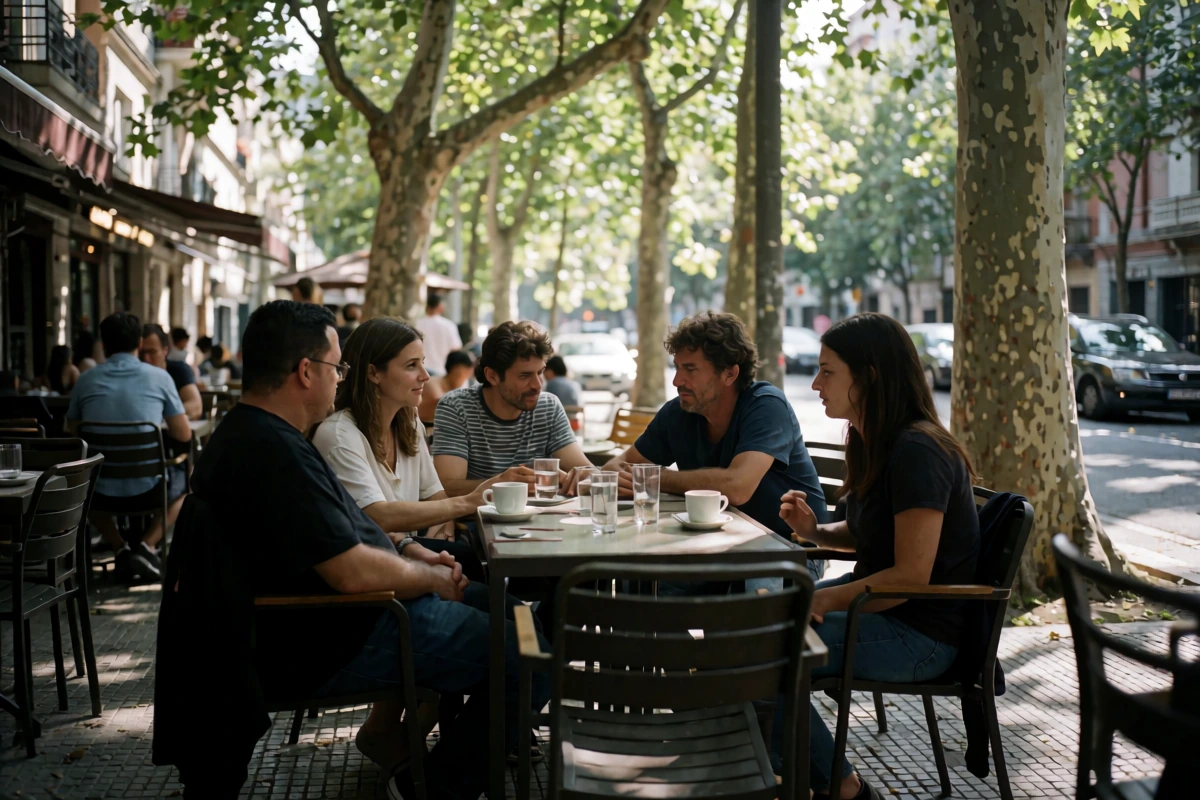 Neighborhood produce shop opening onto a tree-lined Buenos Aires sidewalk