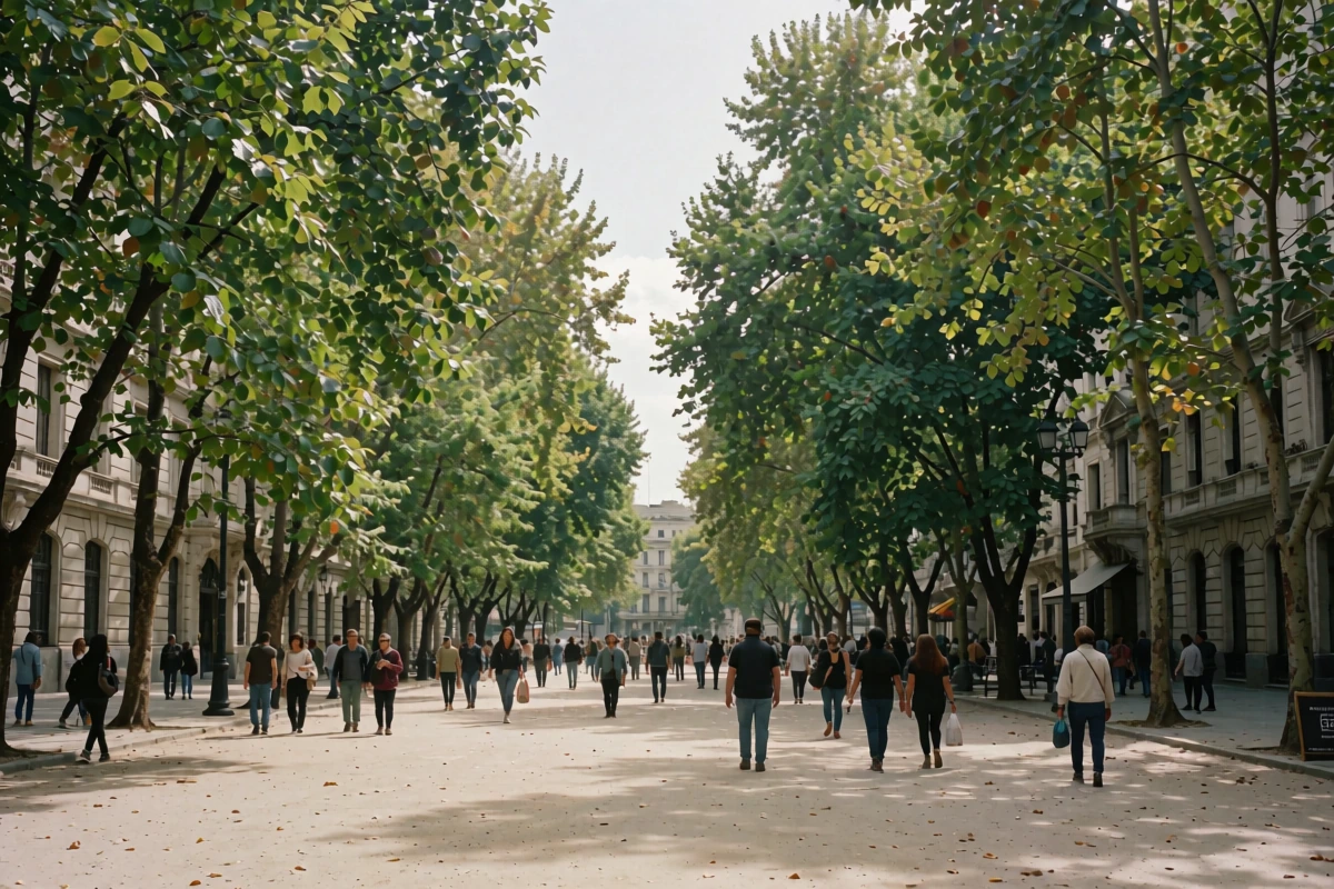 People walk through a sunlit public square with trees and surrounding buildings