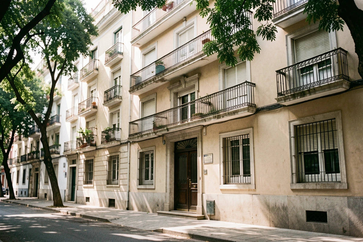 Sunlit residential apartment building entrance with balconies and street trees in Buenos Aires
