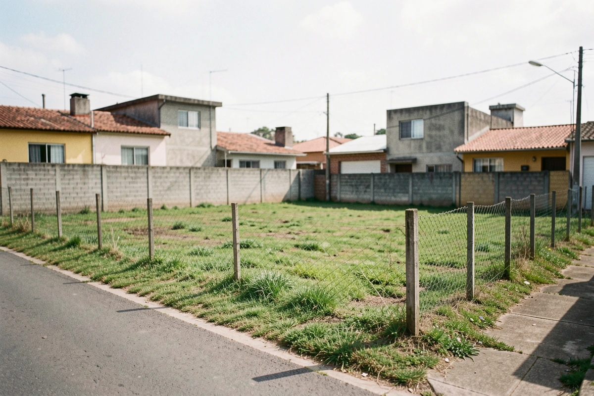 Vacant urban lot beside low-rise houses and a residential street in Argentina
