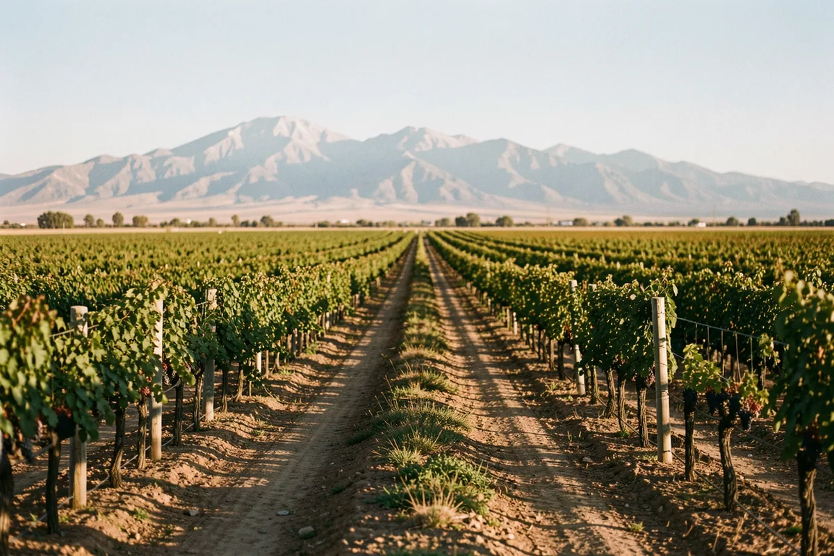 Vineyard rows on farmland in Mendoza with the Andes in the distance
