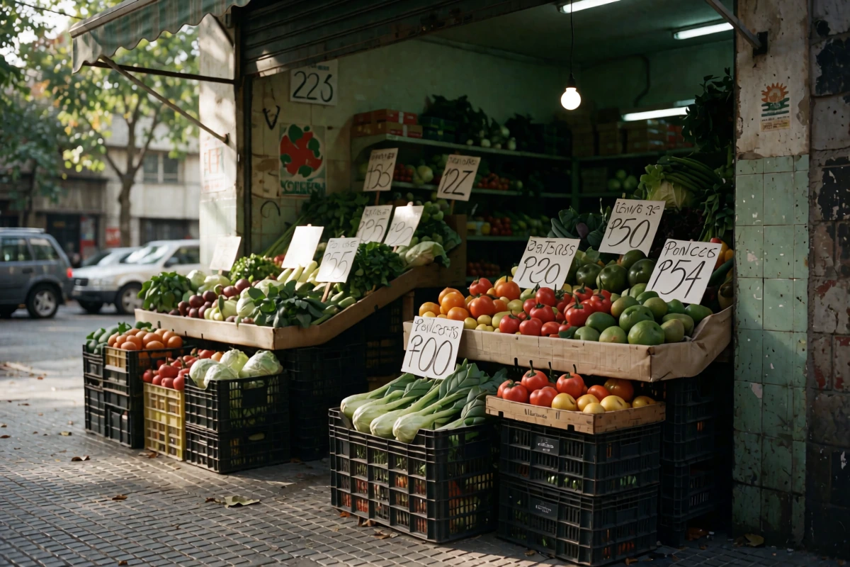 Produce displayed outside a neighborhood grocery beneath apartment balconies in Buenos Aires