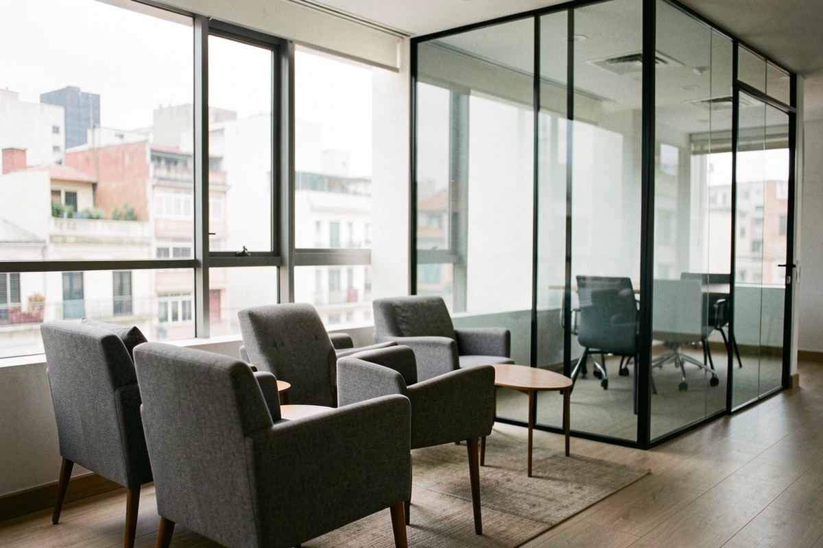 Quiet shared-office lounge with glass meeting-room walls in Buenos Aires