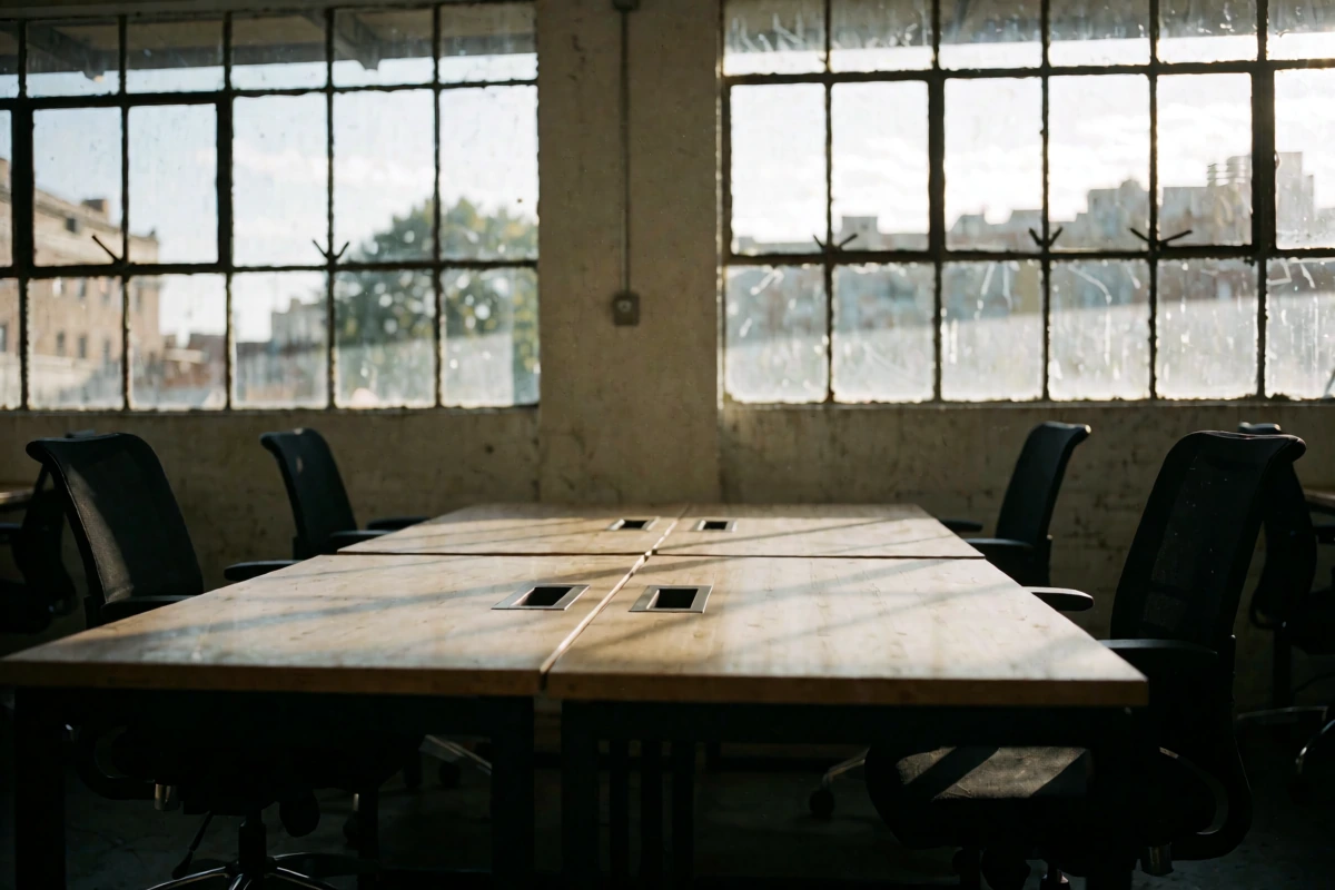 Shared worktables beside tall windows in a Buenos Aires coworking interior