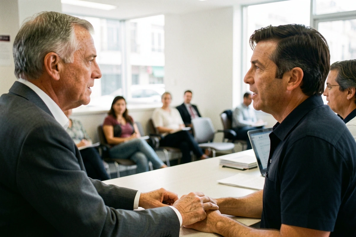 An American man speaking with a clerk at a public service counter in Buenos Aires