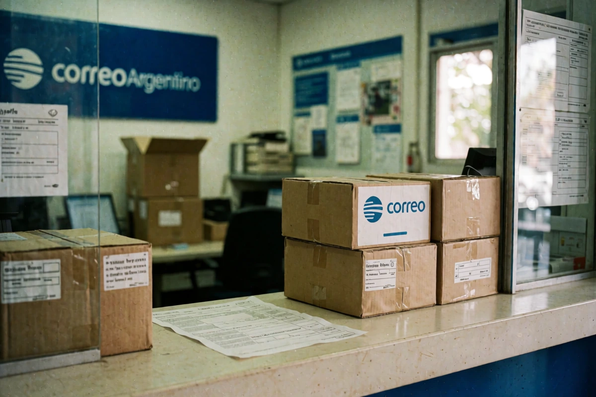 A parcel with an address label beside the entrance buzzer of a Buenos Aires apartment building