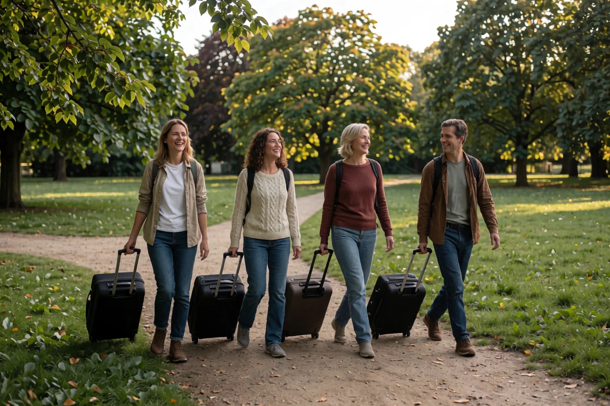 Five adults walk with four rolling suitcases along a tree-lined dirt path