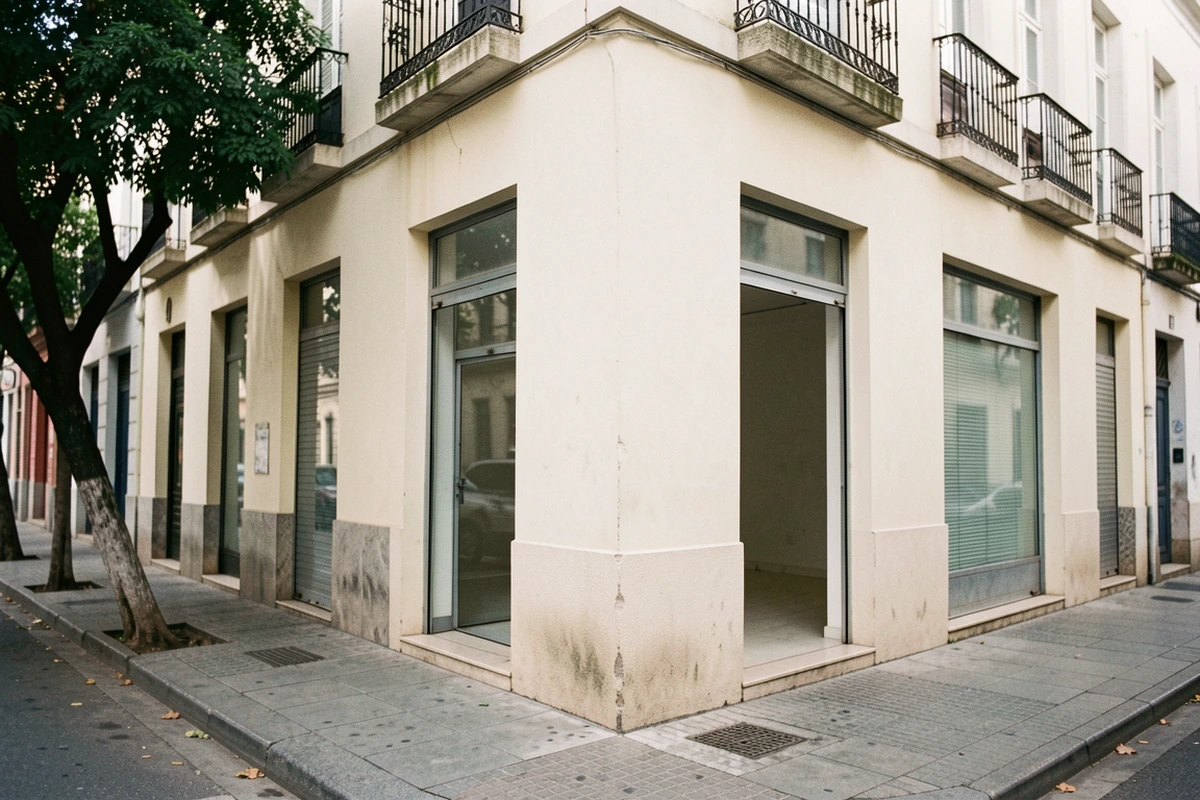 Unoccupied corner storefront with tall windows on a Buenos Aires neighborhood street