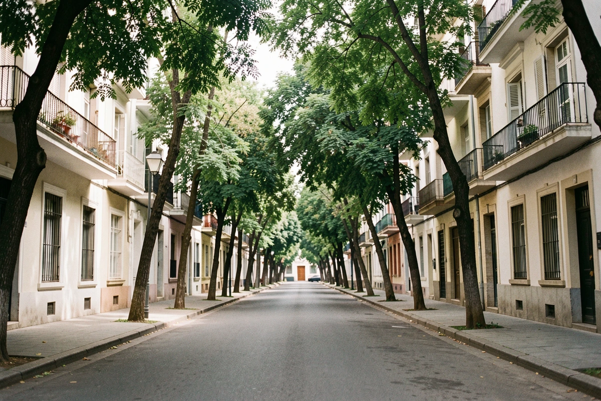 Tree-lined Belgrano apartment street with residential balconies