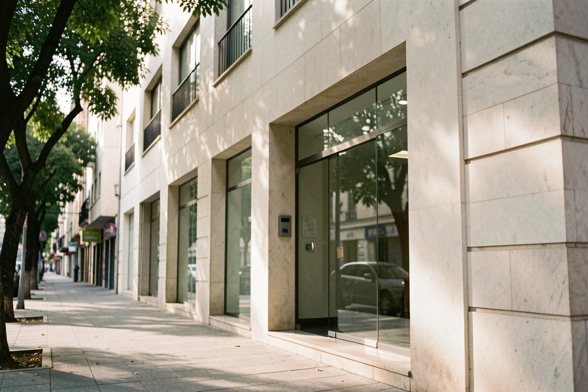 Glass entrance and stone facade of an office building on a Buenos Aires street