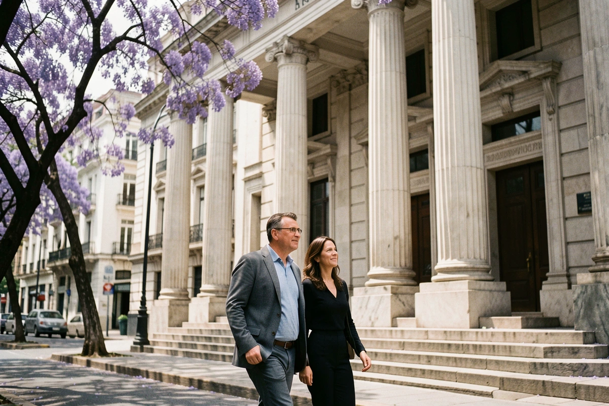 An American couple walking past a columned government building in Buenos Aires