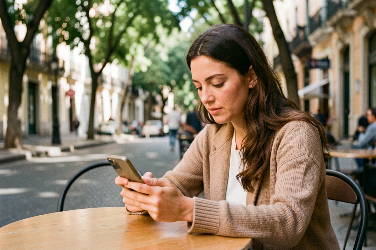 A woman checking her phone at a café table on a tree-lined Palermo street